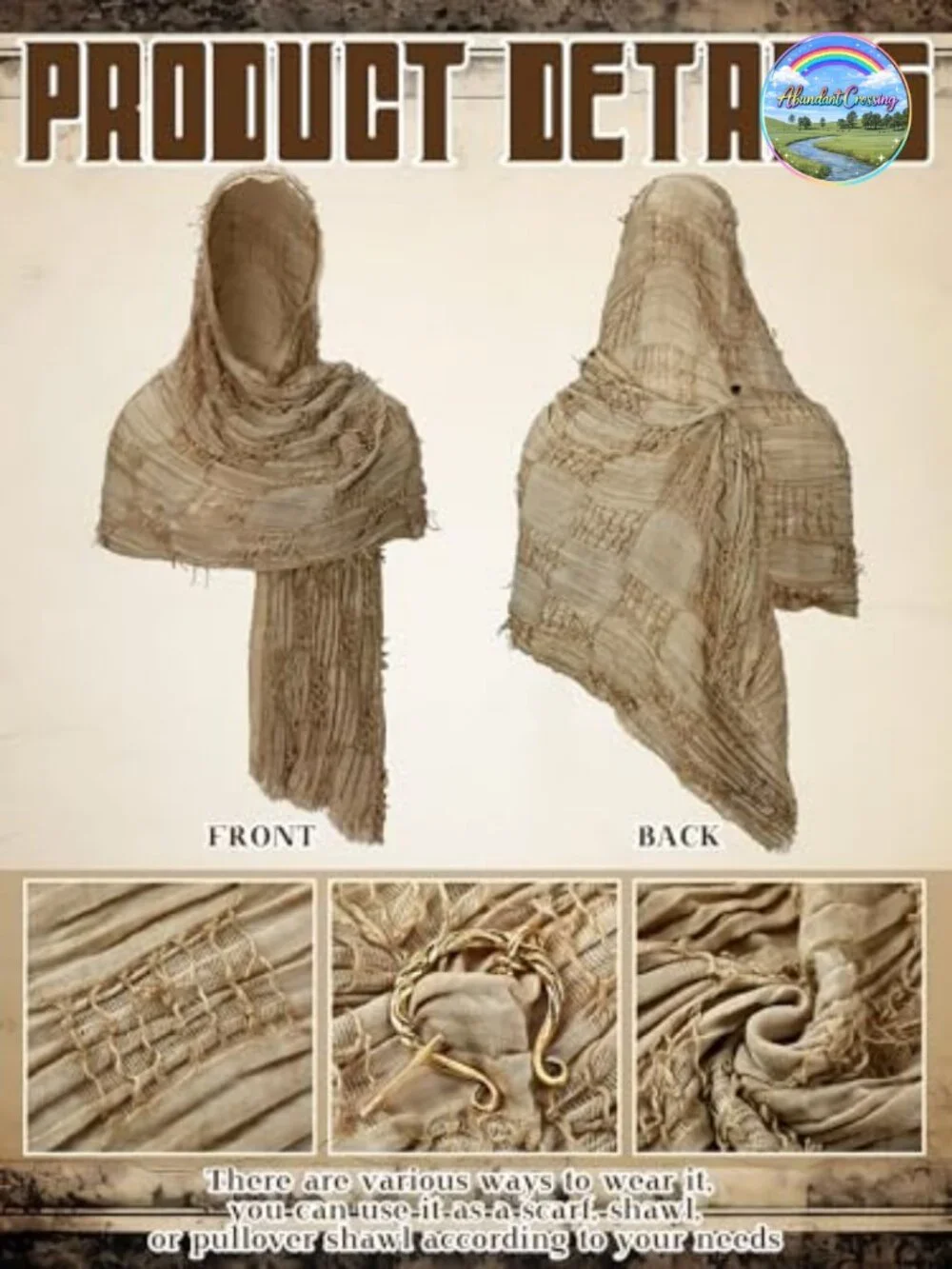 Medieval Scarf Cowl with Viking Brooch, Wrap Shawl Renaissance Costume Hooded